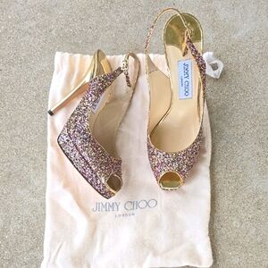Jimmy Choo Gold Glitter Peep-Toe Heels